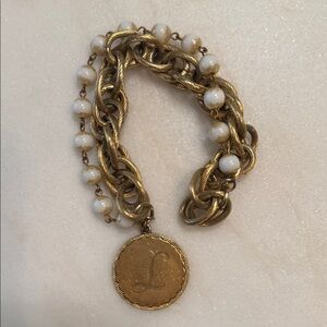 Anthropology “L” charm Elegant Gold and Cream Chain Bracelet